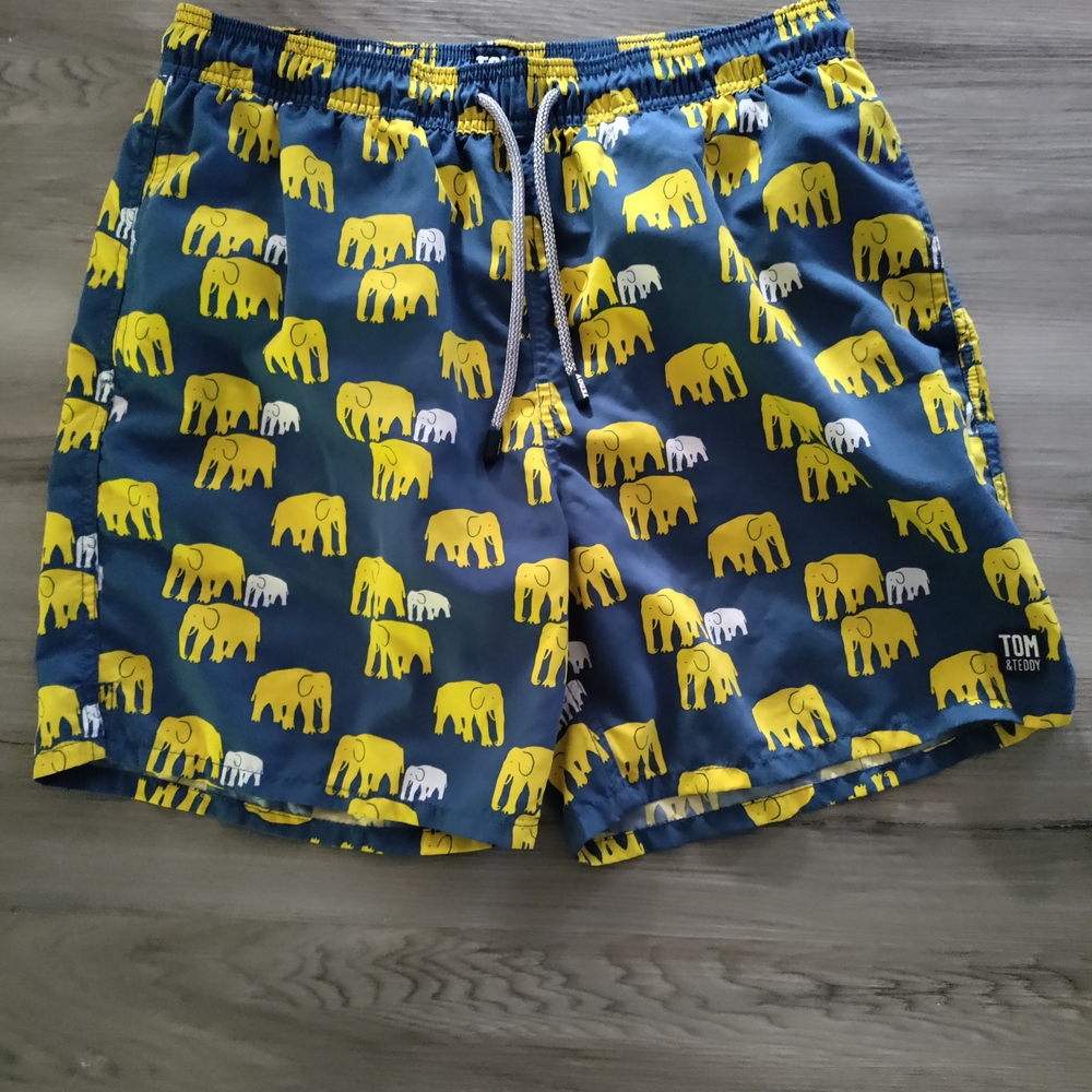 TOM & TEDDY Blue and Yellow Elephant Swim Shorts Size L Men's